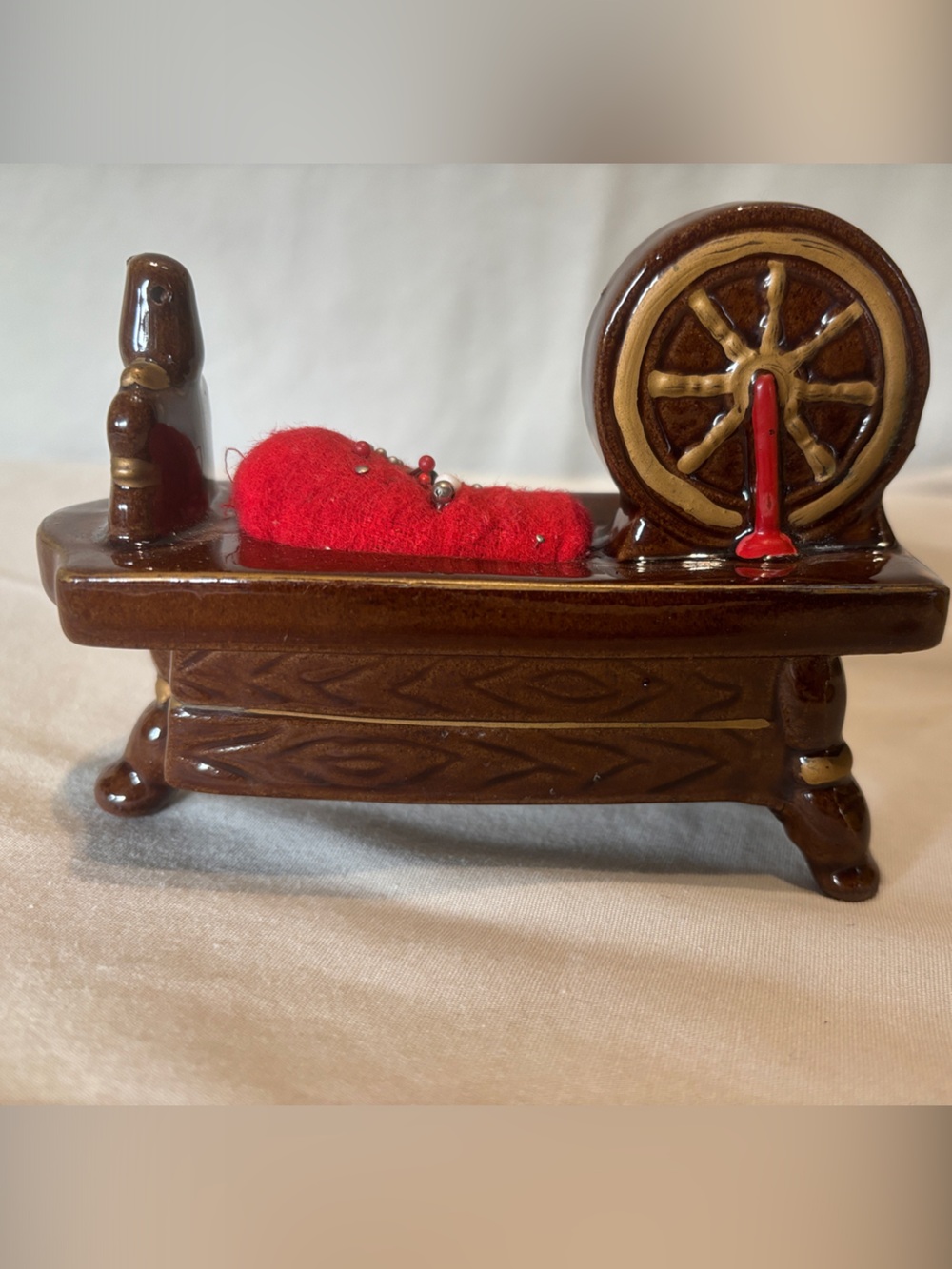 Spinning Wheel Trinket Pin Cushion Brown Ceramic Made in Japan